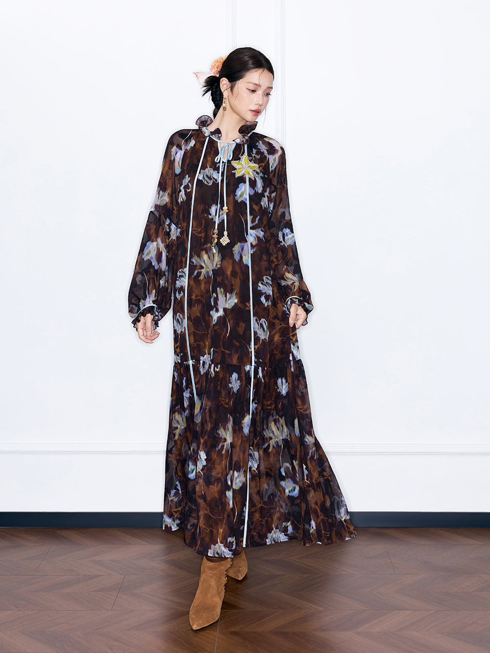 MUKZIN“Capsule Collection”Boho Floral Print Maxi Dress Long Sleeve Flowy Chiffon
