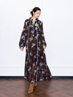 MUKZIN“Capsule Collection”Boho Floral Print Maxi Dress Long Sleeve Flowy Chiffon