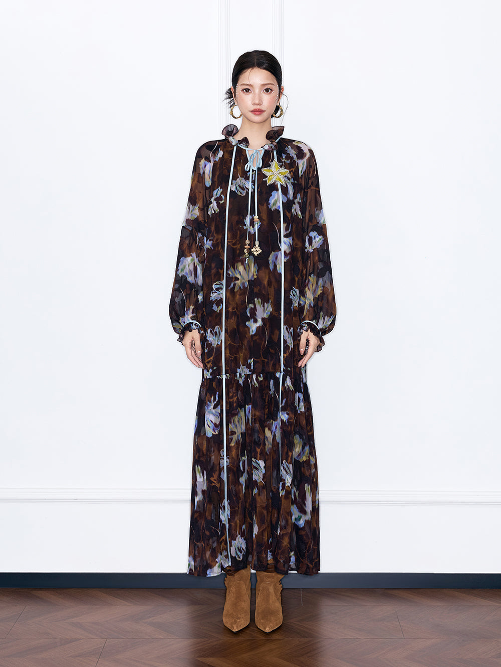 MUKZIN“Capsule Collection”Boho Floral Print Maxi Dress Long Sleeve Flowy Chiffon