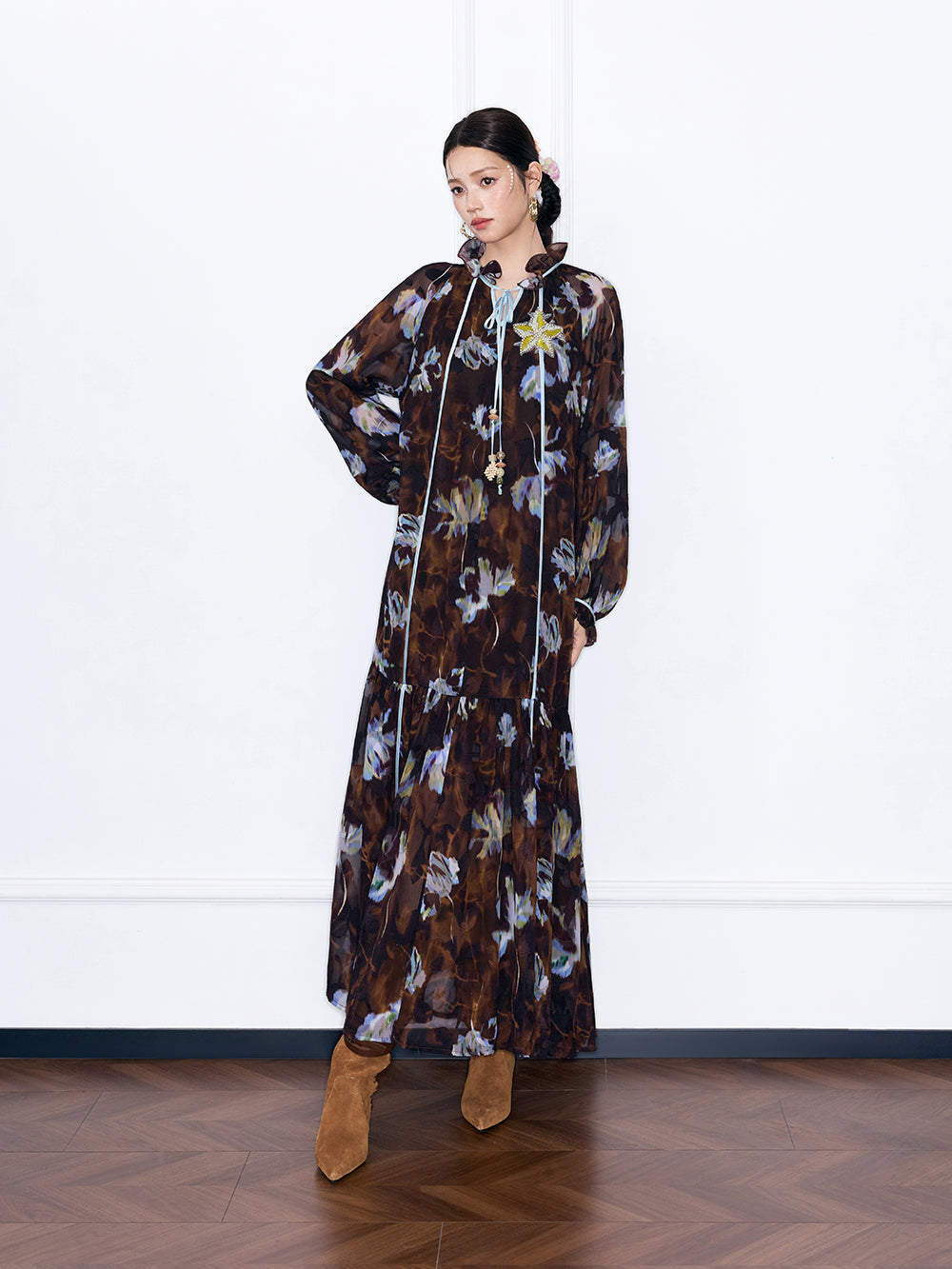 MUKZIN“Capsule Collection”Boho Floral Print Maxi Dress Long Sleeve Flowy Chiffon