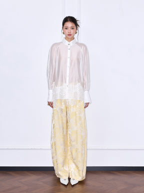 MUKZIN“Capsule Collection”Women's Mandarin Collar Lace Hem Blouse Long Sleeve Oriental Shirt