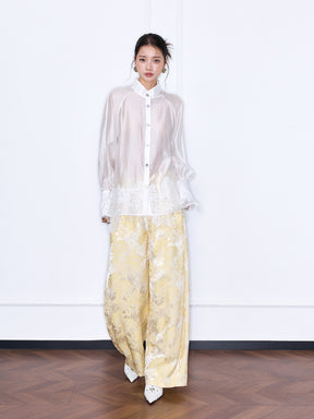 MUKZIN“Capsule Collection”Women's Mandarin Collar Lace Hem Blouse Long Sleeve Oriental Shirt