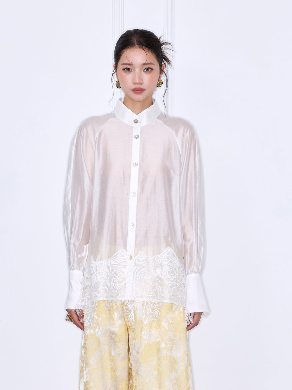 MUKZIN“Capsule Collection”Women's Mandarin Collar Lace Hem Blouse Long Sleeve Oriental Shirt