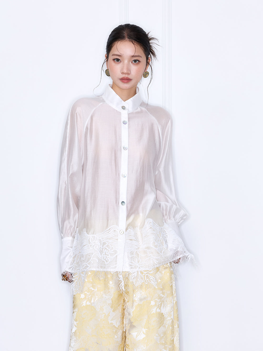 MUKZIN“Capsule Collection”Women's Mandarin Collar Lace Hem Blouse Long Sleeve Oriental Shirt