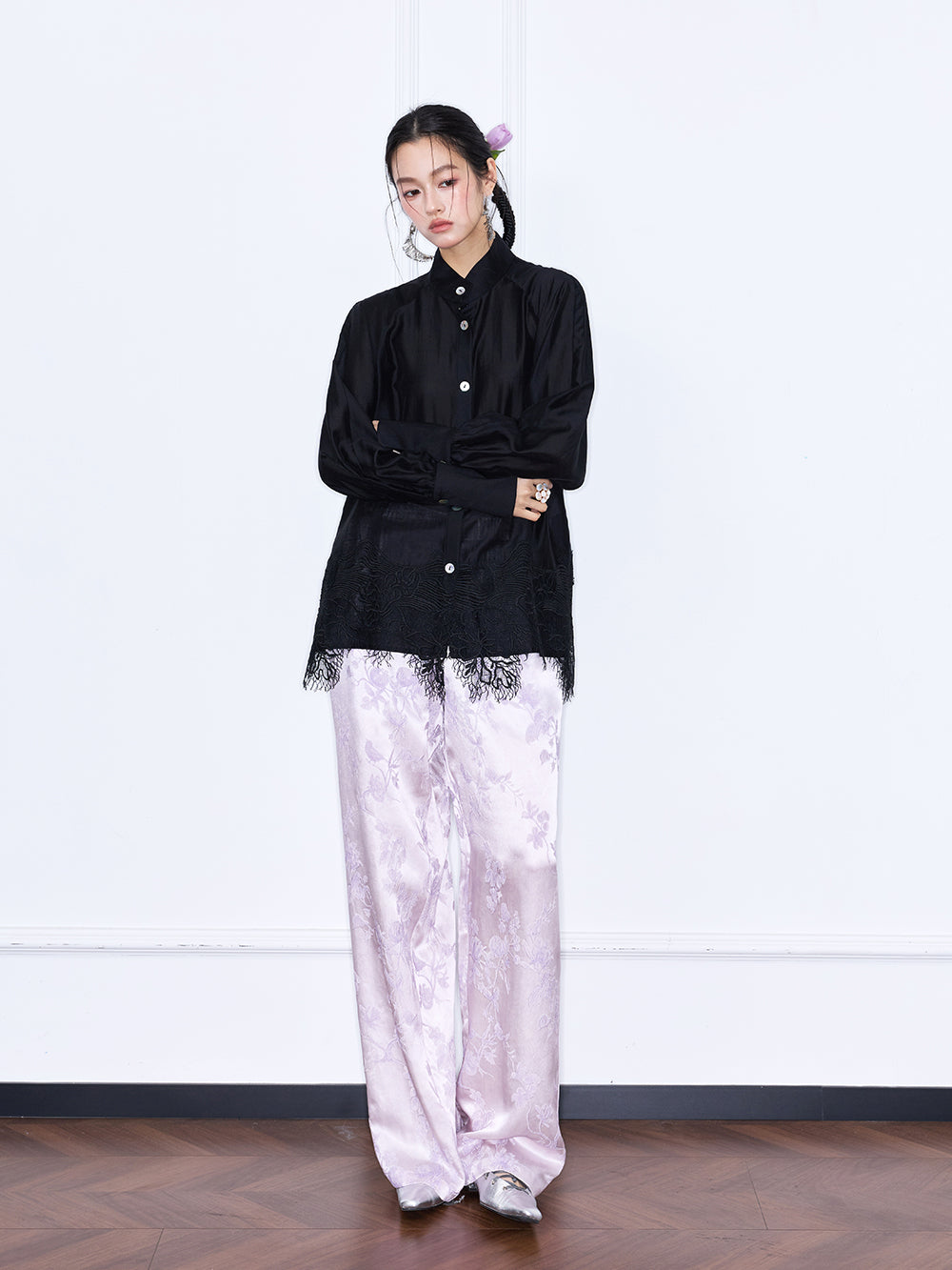 MUKZIN“Capsule Collection”Women's Mandarin Collar Lace Hem Blouse Long Sleeve Oriental Shirt