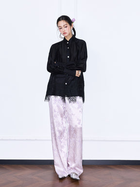 MUKZIN“Capsule Collection”Women's Mandarin Collar Lace Hem Blouse Long Sleeve Oriental Shirt