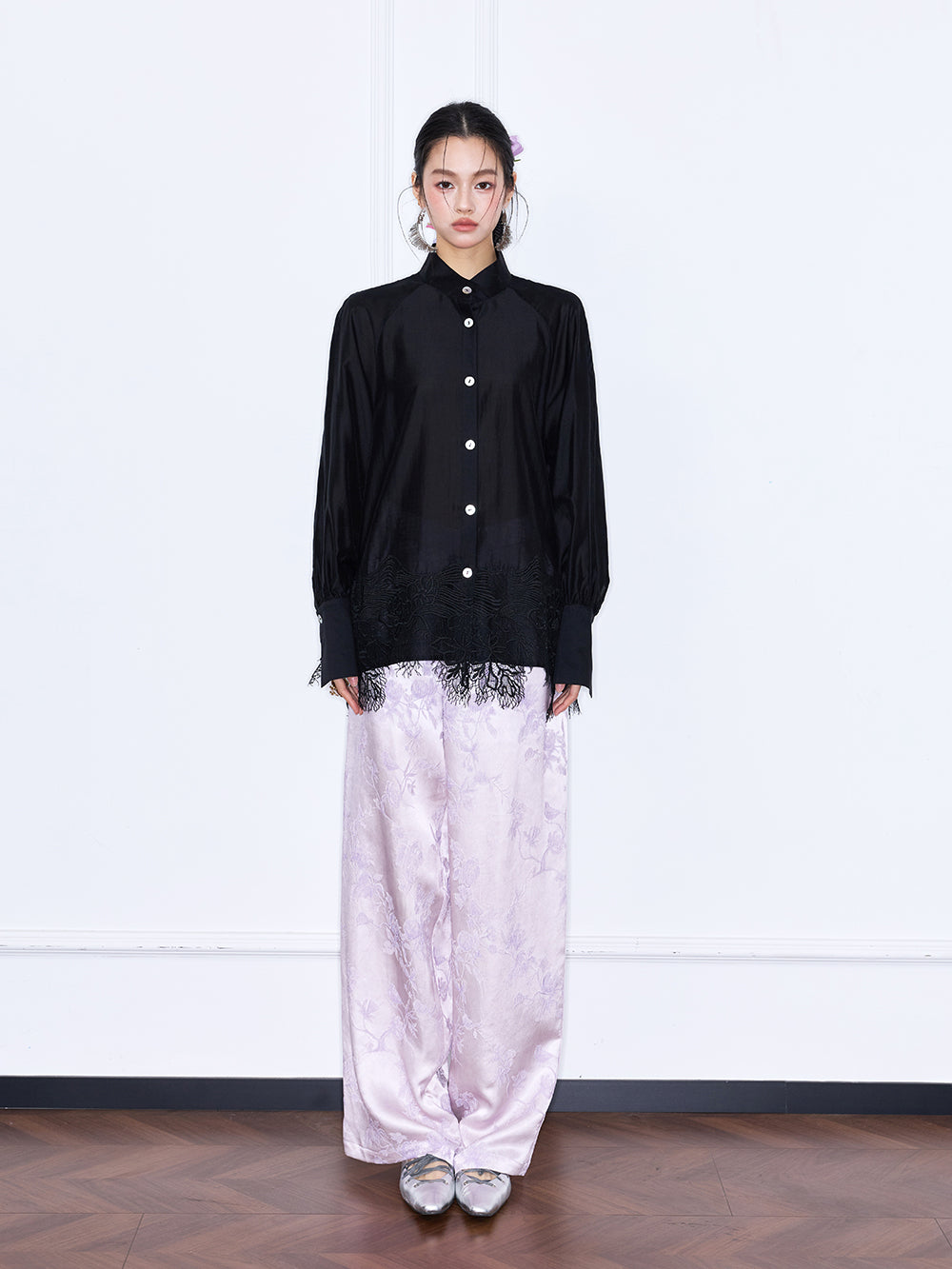 MUKZIN“Capsule Collection”Women's Mandarin Collar Lace Hem Blouse Long Sleeve Oriental Shirt