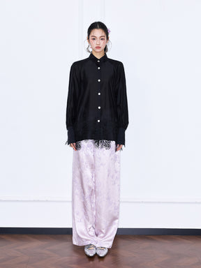 MUKZIN“Capsule Collection”Women's Mandarin Collar Lace Hem Blouse Long Sleeve Oriental Shirt