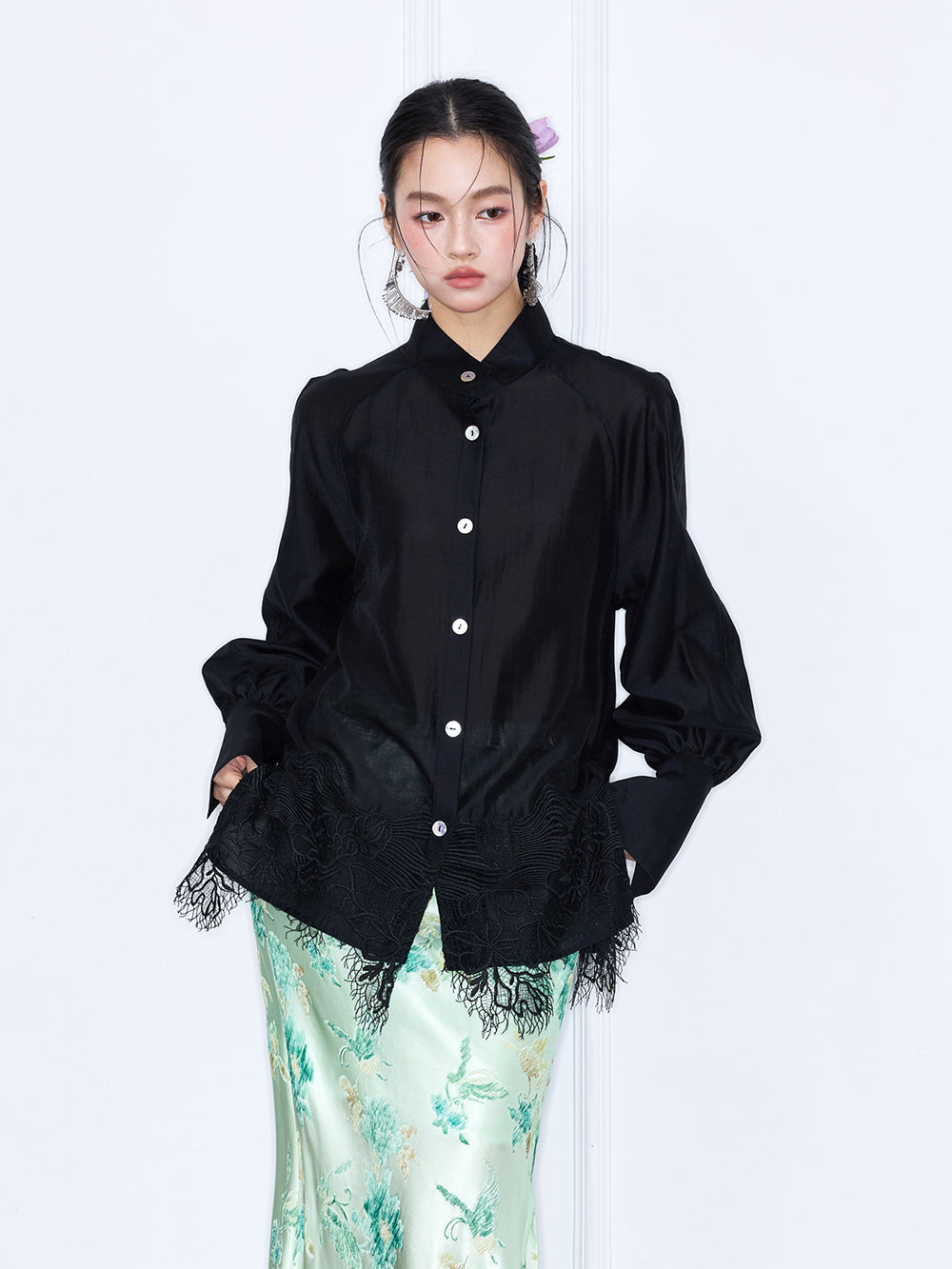 MUKZIN“Capsule Collection”Women's Mandarin Collar Lace Hem Blouse Long Sleeve Oriental Shirt