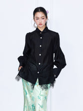MUKZIN“Capsule Collection”Women's Mandarin Collar Lace Hem Blouse Long Sleeve Oriental Shirt
