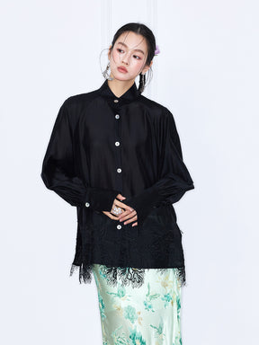 MUKZIN“Capsule Collection”Women's Mandarin Collar Lace Hem Blouse Long Sleeve Oriental Shirt