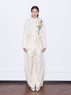 MUKZIN“Capsule Collection”Kimono Style Embroidered Jacquard Wrap Jacket with Belt
