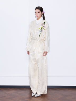MUKZIN“Capsule Collection”Kimono Style Embroidered Jacquard Wrap Jacket with Belt