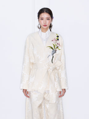 MUKZIN“Capsule Collection”Kimono Style Embroidered Jacquard Wrap Jacket with Belt