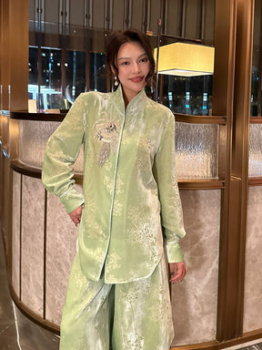 MUKZIN“Capsule Collection”Light Green Velvet Chinese Style Blazer, Embroidered Mandarin Collar