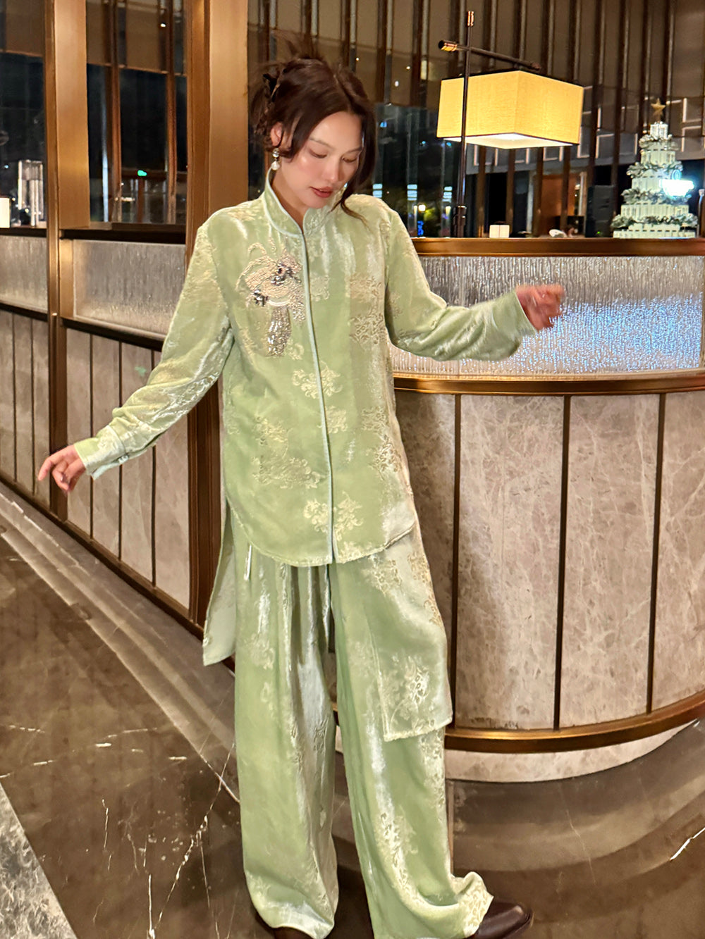 MUKZIN“Capsule Collection”Light Green Velvet Chinese Style Blazer, Embroidered Mandarin Collar