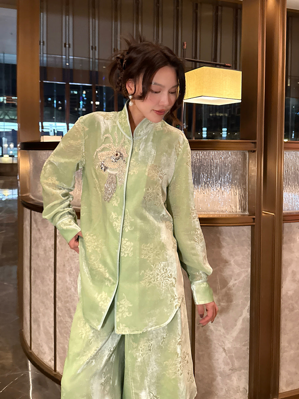 MUKZIN“Capsule Collection”Light Green Velvet Chinese Style Blazer, Embroidered Mandarin Collar