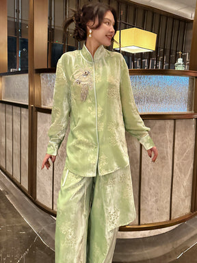 MUKZIN“Capsule Collection”Light Green Velvet Chinese Style Blazer, Embroidered Mandarin Collar