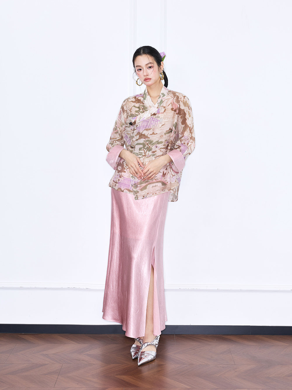 MUKZIN "Capsule Collection" Chinese Style Pink Acetate Slit Mermaid Midi Skirt with Elegant Draping