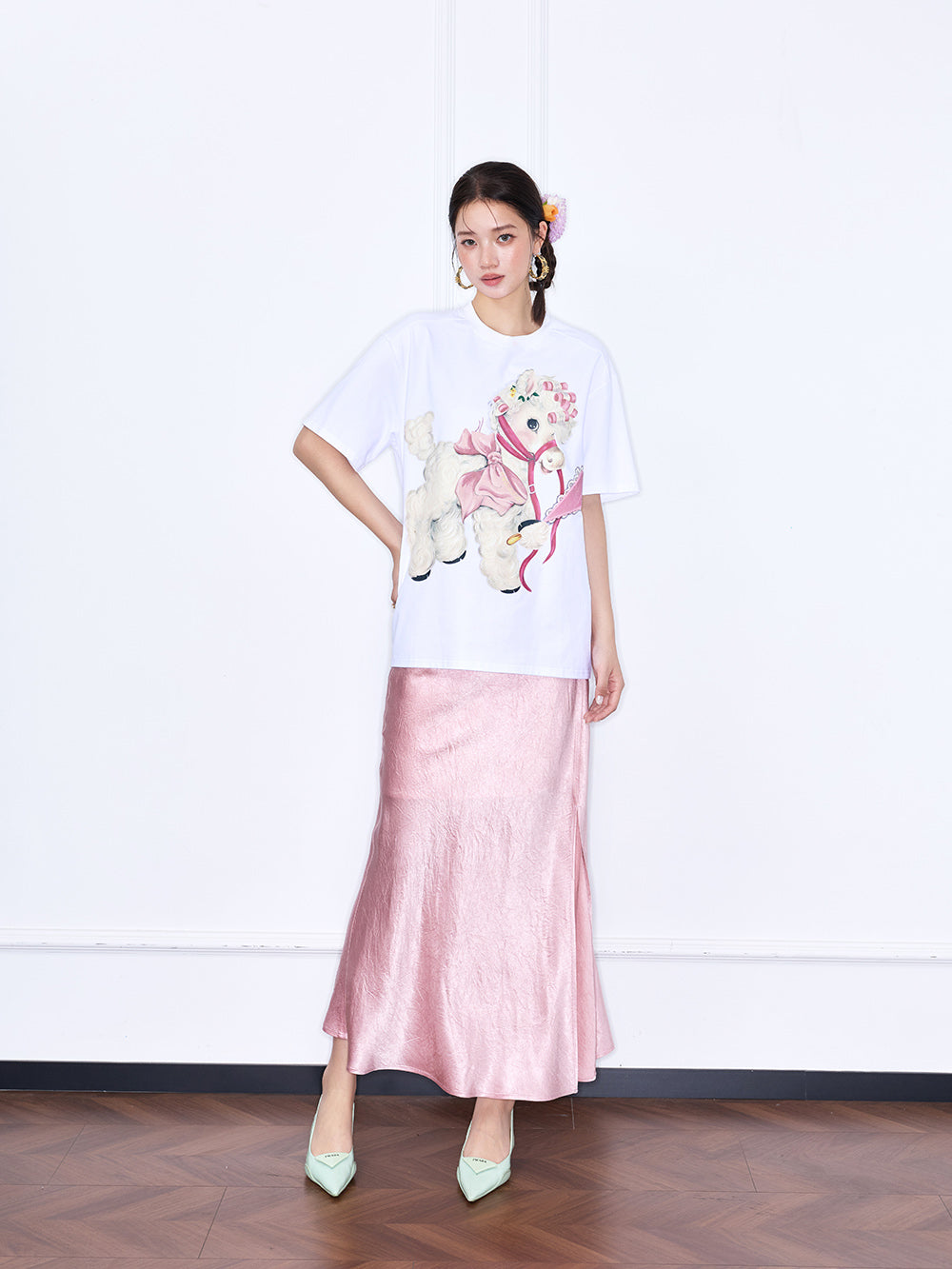 MUKZIN "Capsule Collection" Chinese Style Pink Acetate Slit Mermaid Midi Skirt with Elegant Draping