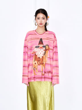 MUKZIN “Chang’an Summer Feast” New Chinese Style Pink Striped Printed T-Shirt