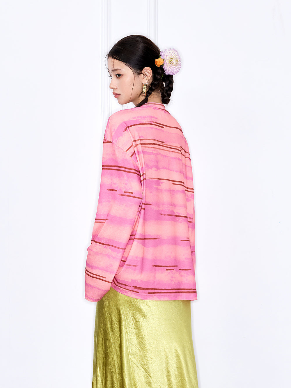 MUKZIN “Chang’an Summer Feast” New Chinese Style Pink Striped Printed T-Shirt