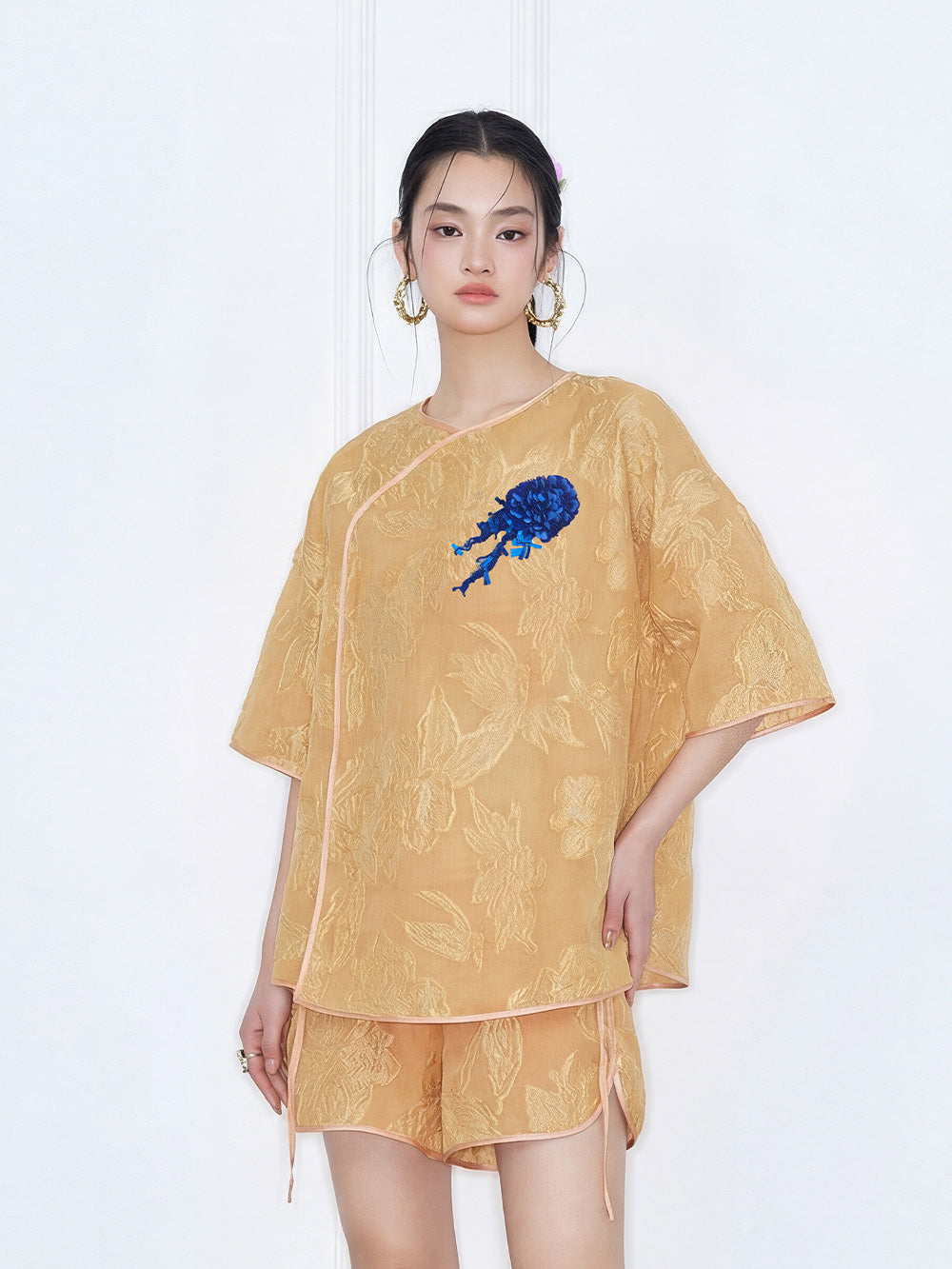 MUKZIN "Capsule Collection" New‑Chinese Style Embroidered Mulberry Silk Orange Set Shirt