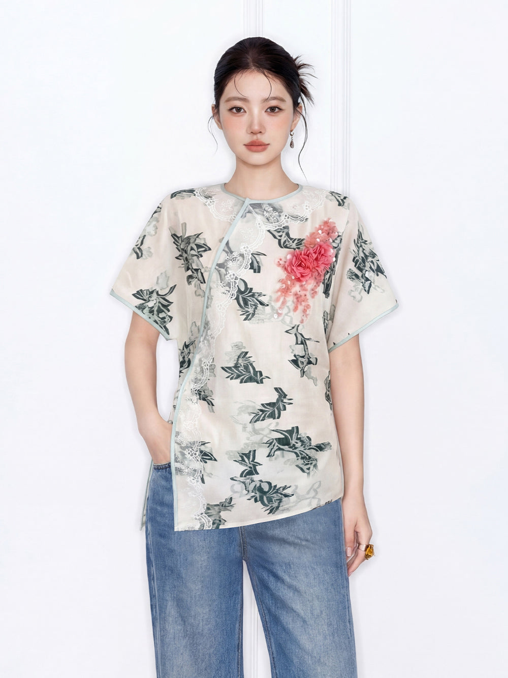 MUKZIN "Capsule Collection" New Chinese Style Embroidered Asymmetric Wrap Waist Ramie Top