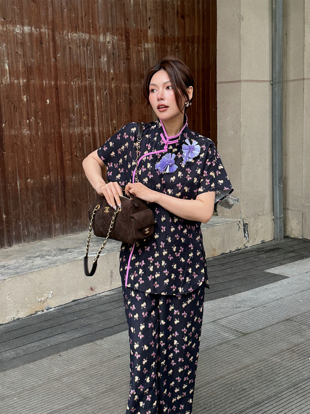 MUKZIN "Capsule Collection" New-Chinese Style Embroidered Loose Two-Tone Floral Set Pants