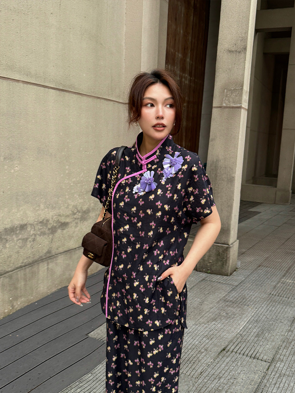 MUKZIN "Capsule Collection" New‑Chinese Style Embroidered Loose Two‑Tone Floral Set Shirt