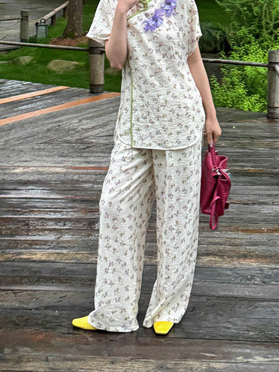 MUKZIN "Capsule Collection" New-Chinese Style Embroidered Loose Two-Tone Floral Set Pants