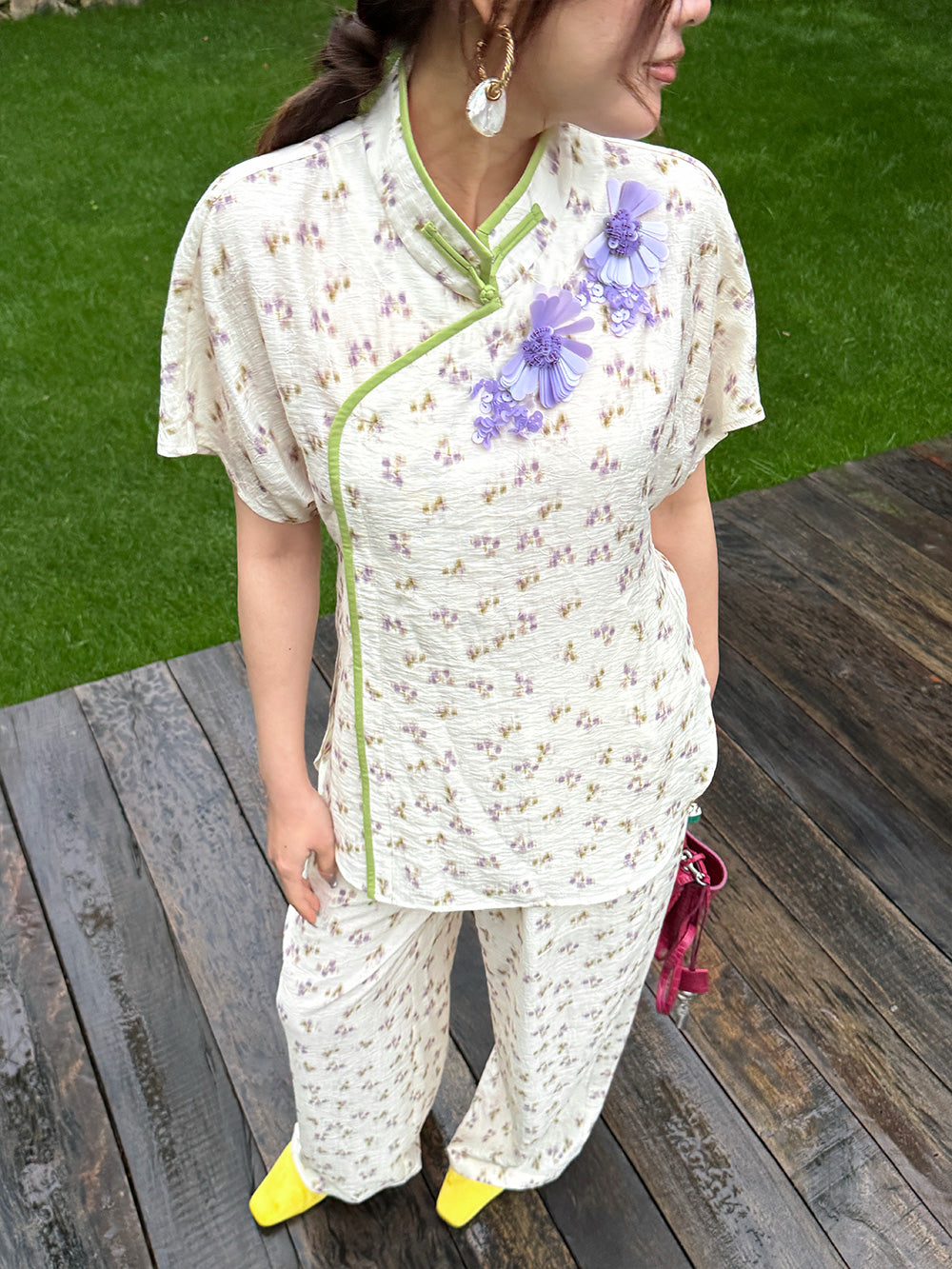 MUKZIN "Capsule Collection" New-Chinese Style Embroidered Loose Two-Tone Floral Set Pants