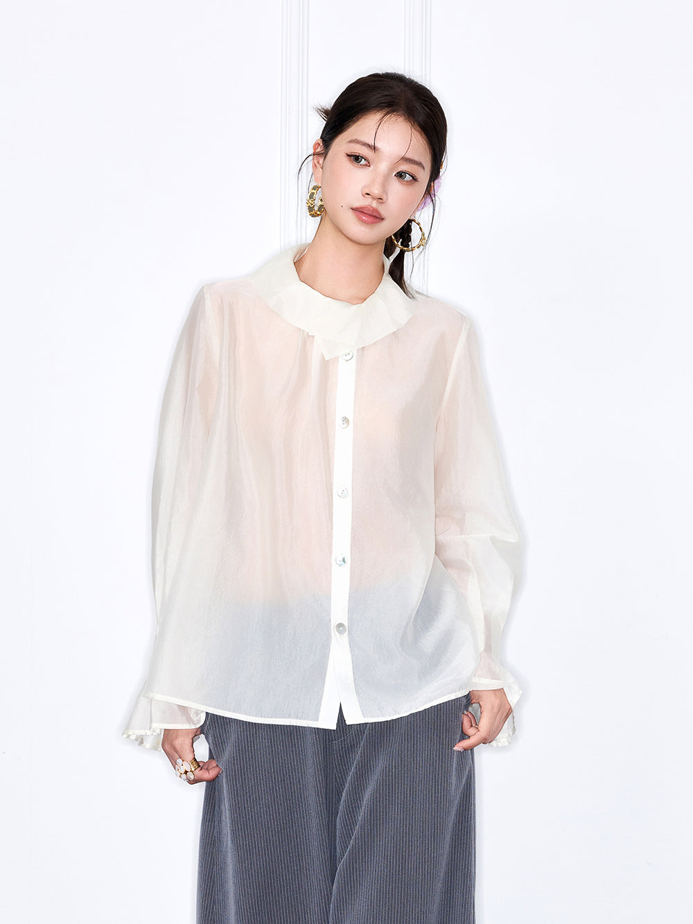 MUKZIN "Capsule Collection" Unique Designer New Chinese Style Versatile Pink/White Blouse