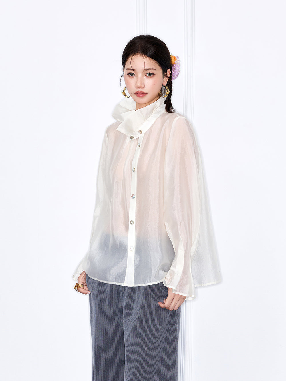 MUKZIN "Capsule Collection" Unique Designer New Chinese Style Versatile Pink/White Blouse
