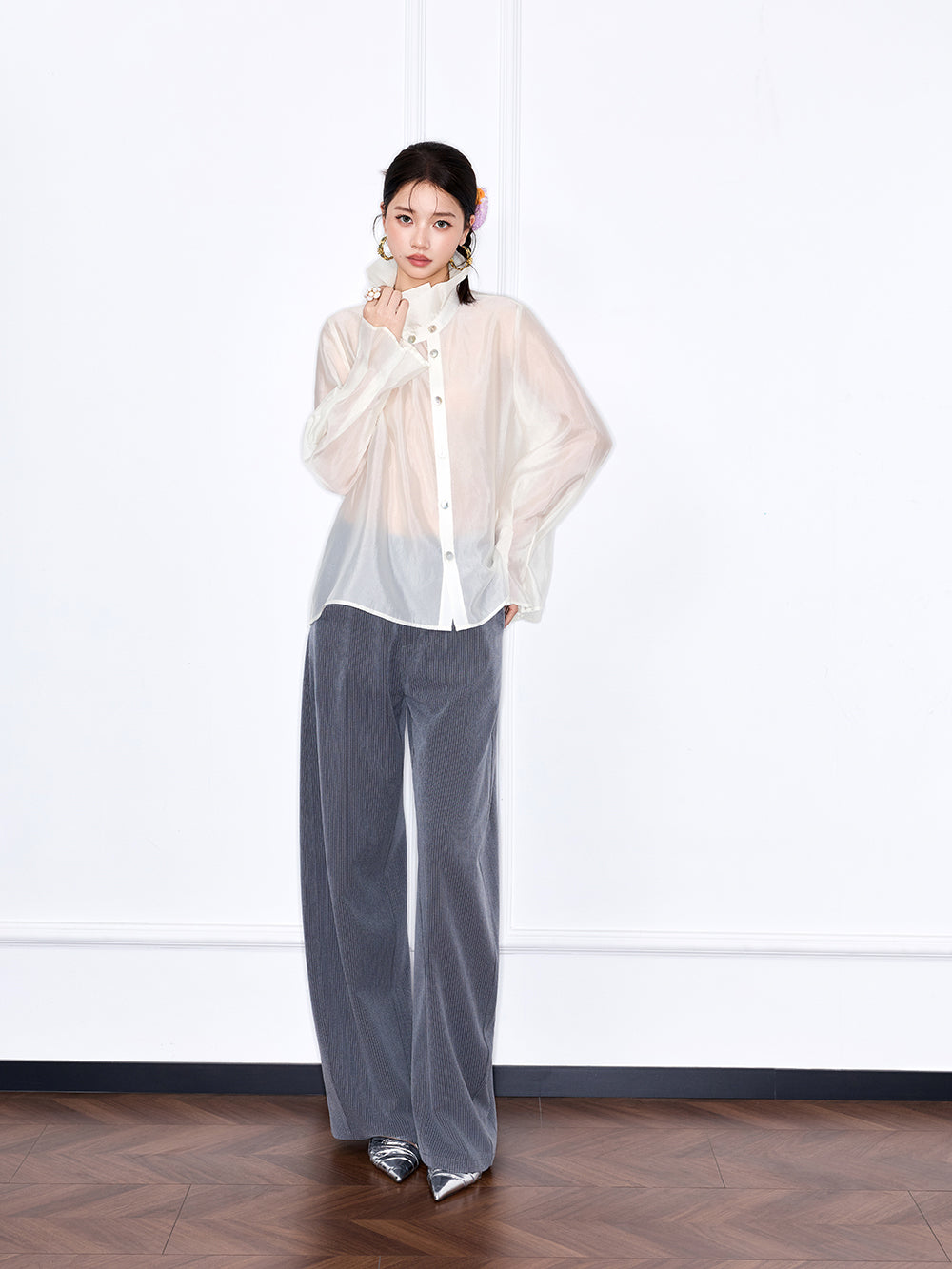 MUKZIN "Capsule Collection" Unique Designer New Chinese Style Versatile Pink/White Blouse
