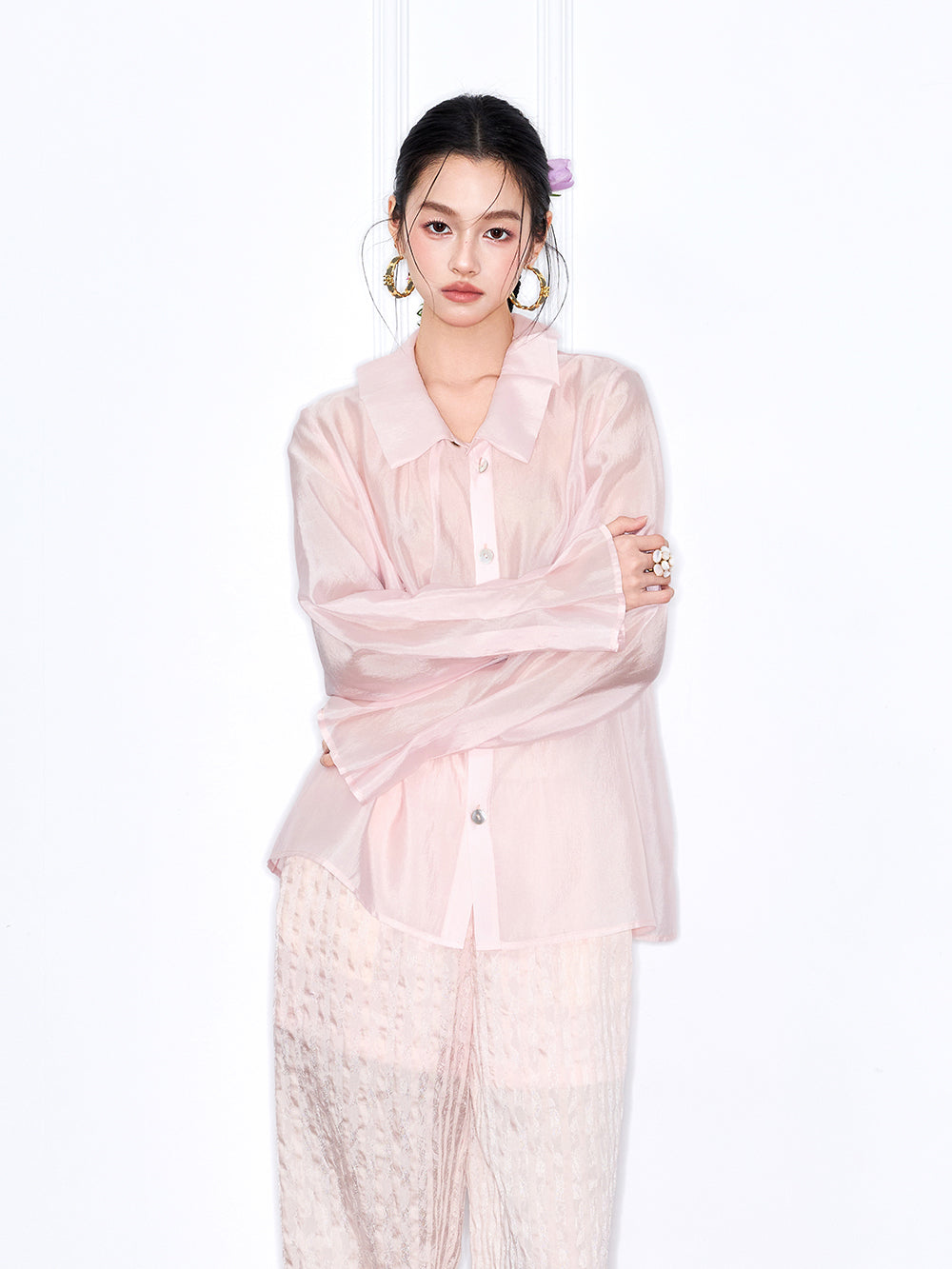 MUKZIN "Capsule Collection" Unique Designer New Chinese Style Versatile Pink/White Blouse