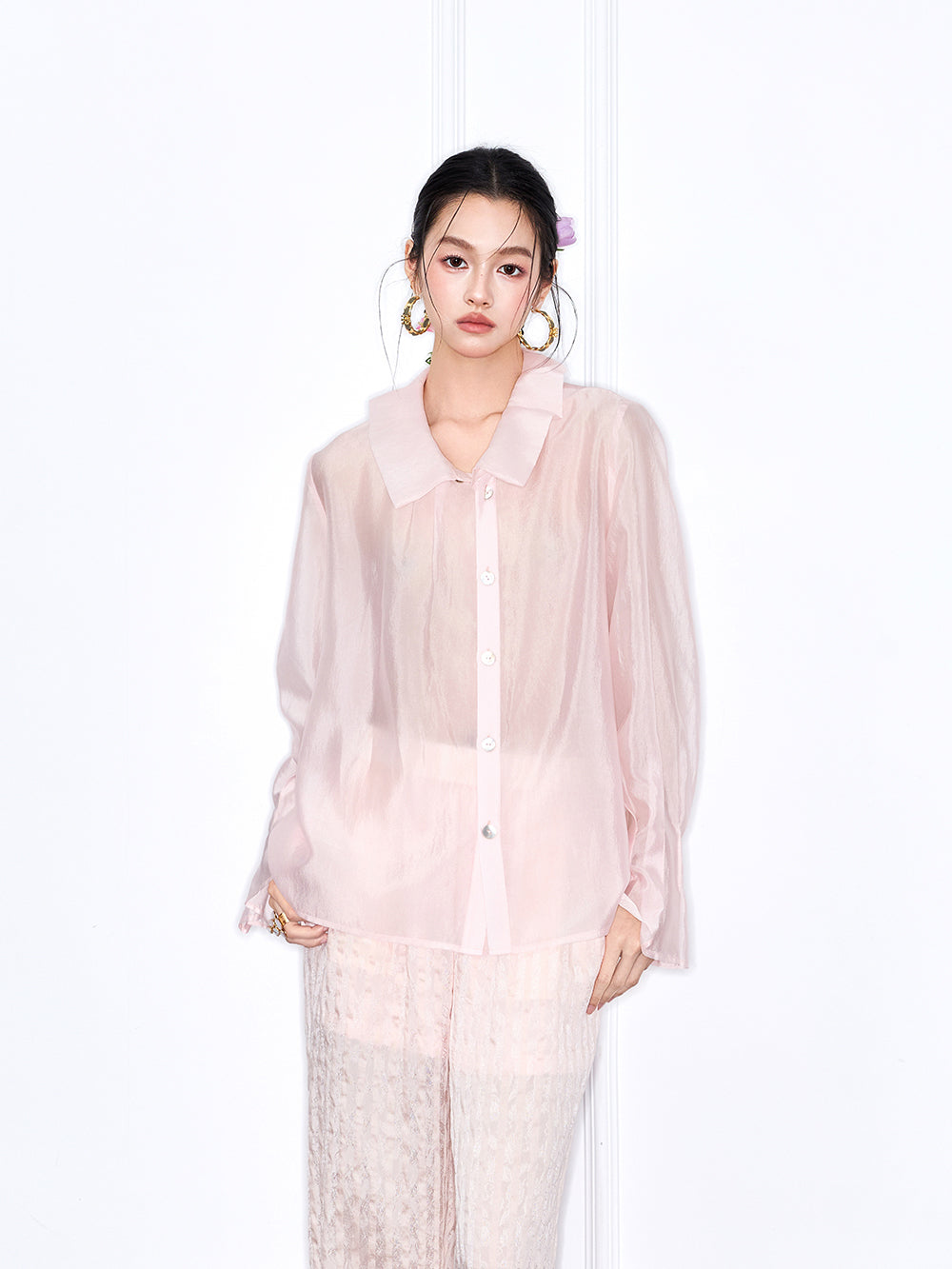 MUKZIN "Capsule Collection" Unique Designer New Chinese Style Versatile Pink/White Blouse