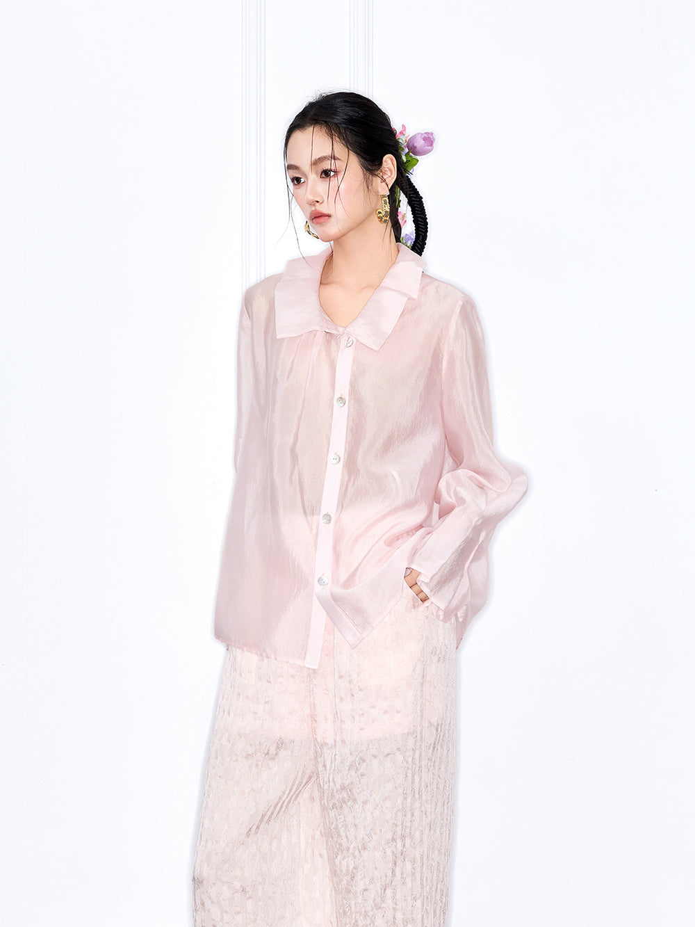 MUKZIN "Capsule Collection" Unique Designer New Chinese Style Versatile Pink/White Blouse