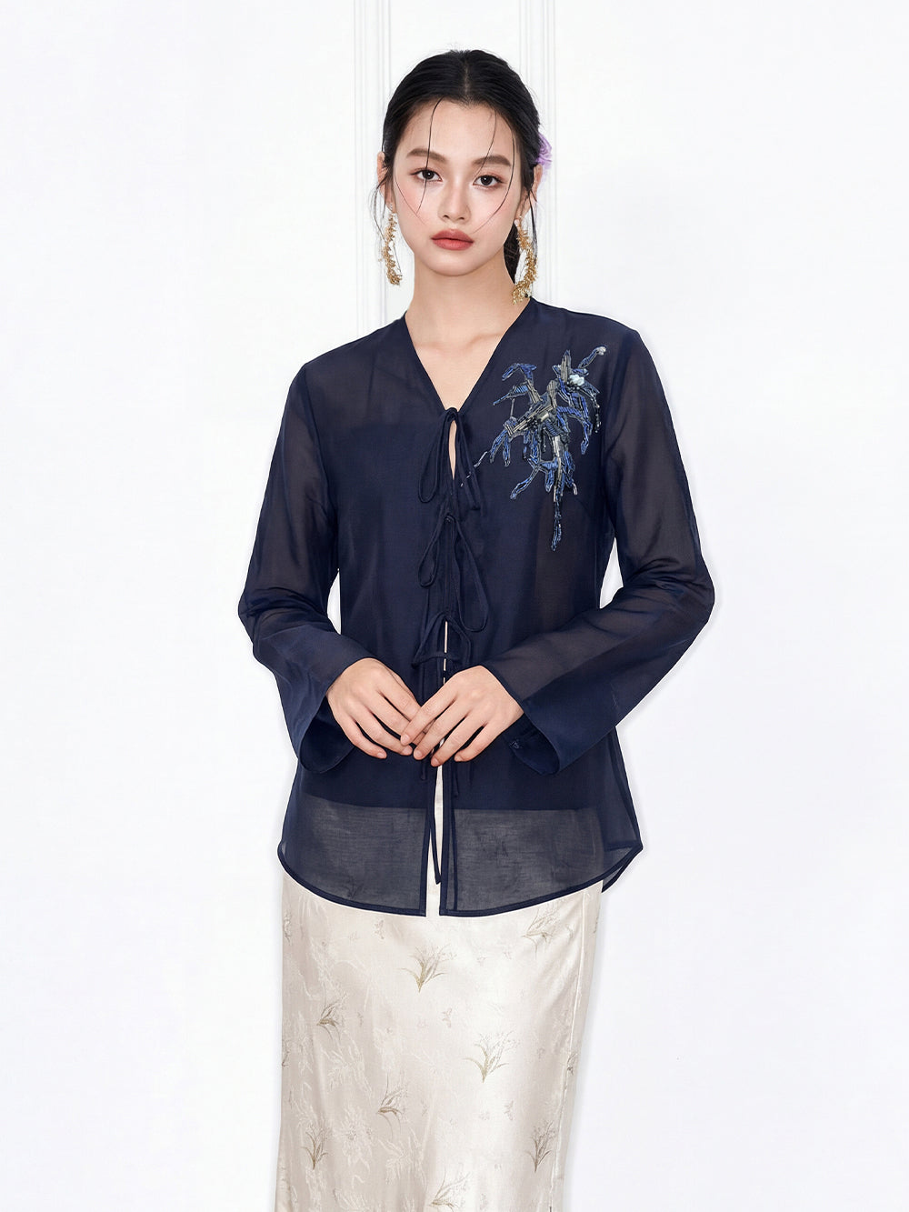 MUKZIN "Capsule Collection" New Chinese Style Heavy Embroidered Mulberry Silk Navy Shirt