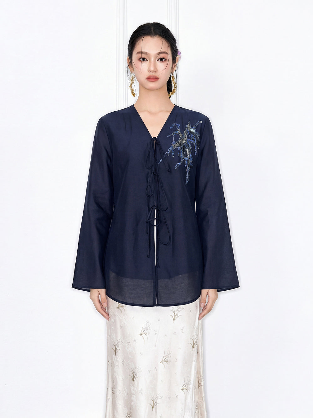 MUKZIN "Capsule Collection" New Chinese Style Heavy Embroidered Mulberry Silk Navy Shirt