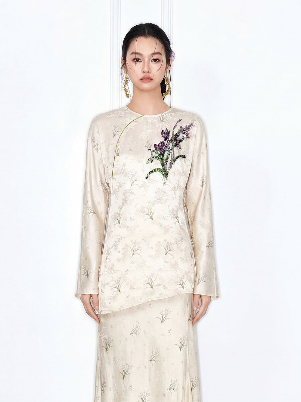 MUKZIN "Capsule Collection" New Chinese Style Slim Fit Embroidered Mulberry Silk Matching Set Top