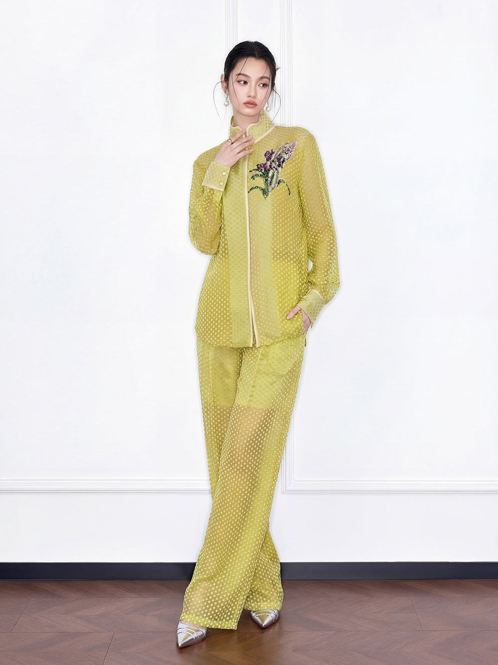 MUKZIN "Capsule Collection" New Chinese Style Embroidered Summer Silk Set, Mulberry Silk Blouse