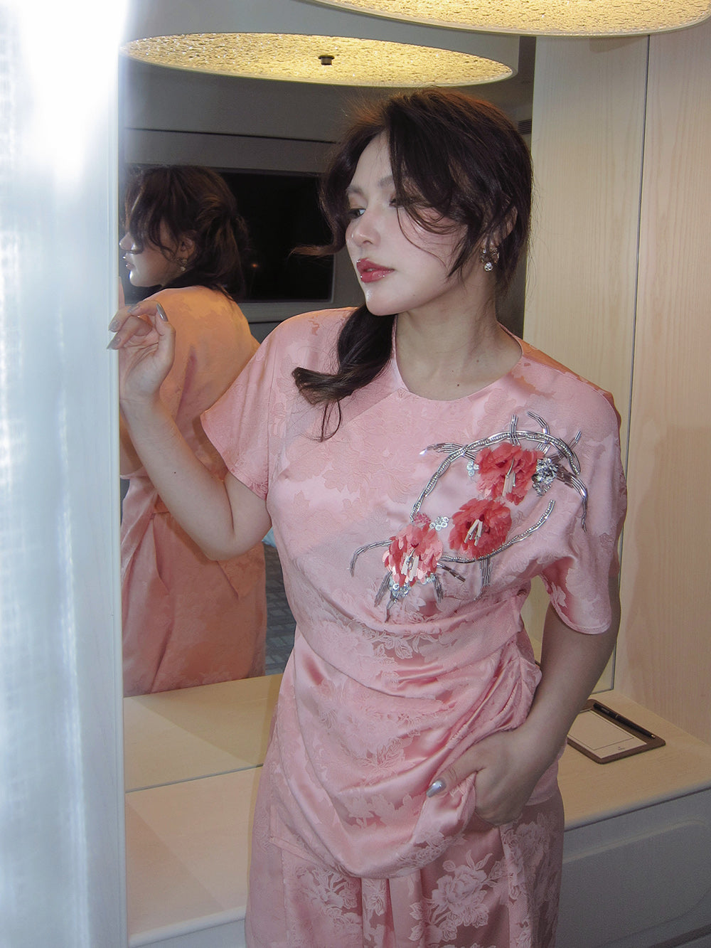 MUKZIN "Capsule Collection" Chinese Jacquard Top with 3D Peach Blossom Su Embroidery