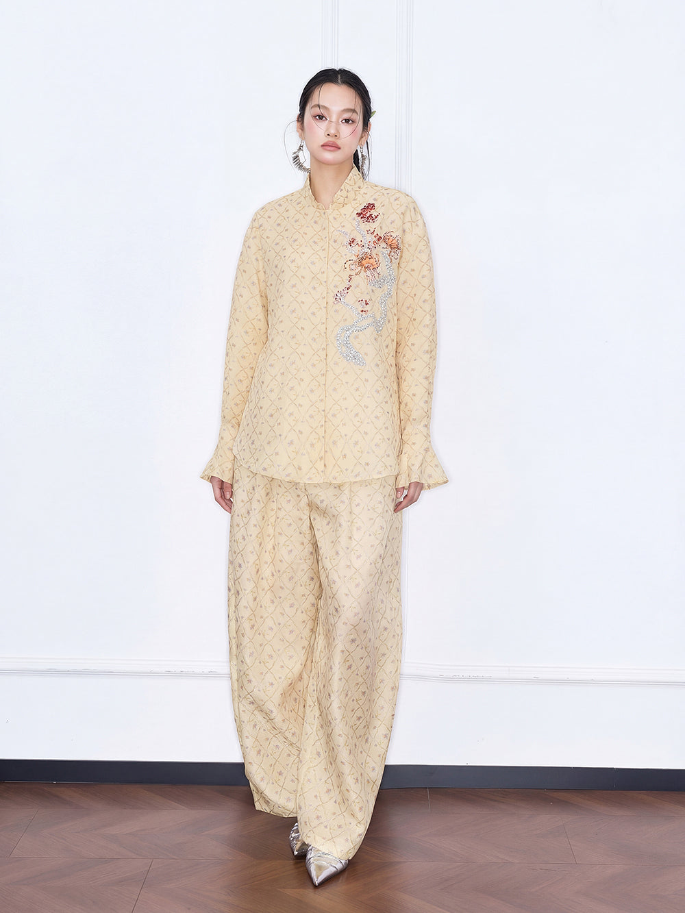 MUKZIN "Capsule Collection" New Chinese Style Yellow Embroidered Mulberry Silk Matching Set Shirt