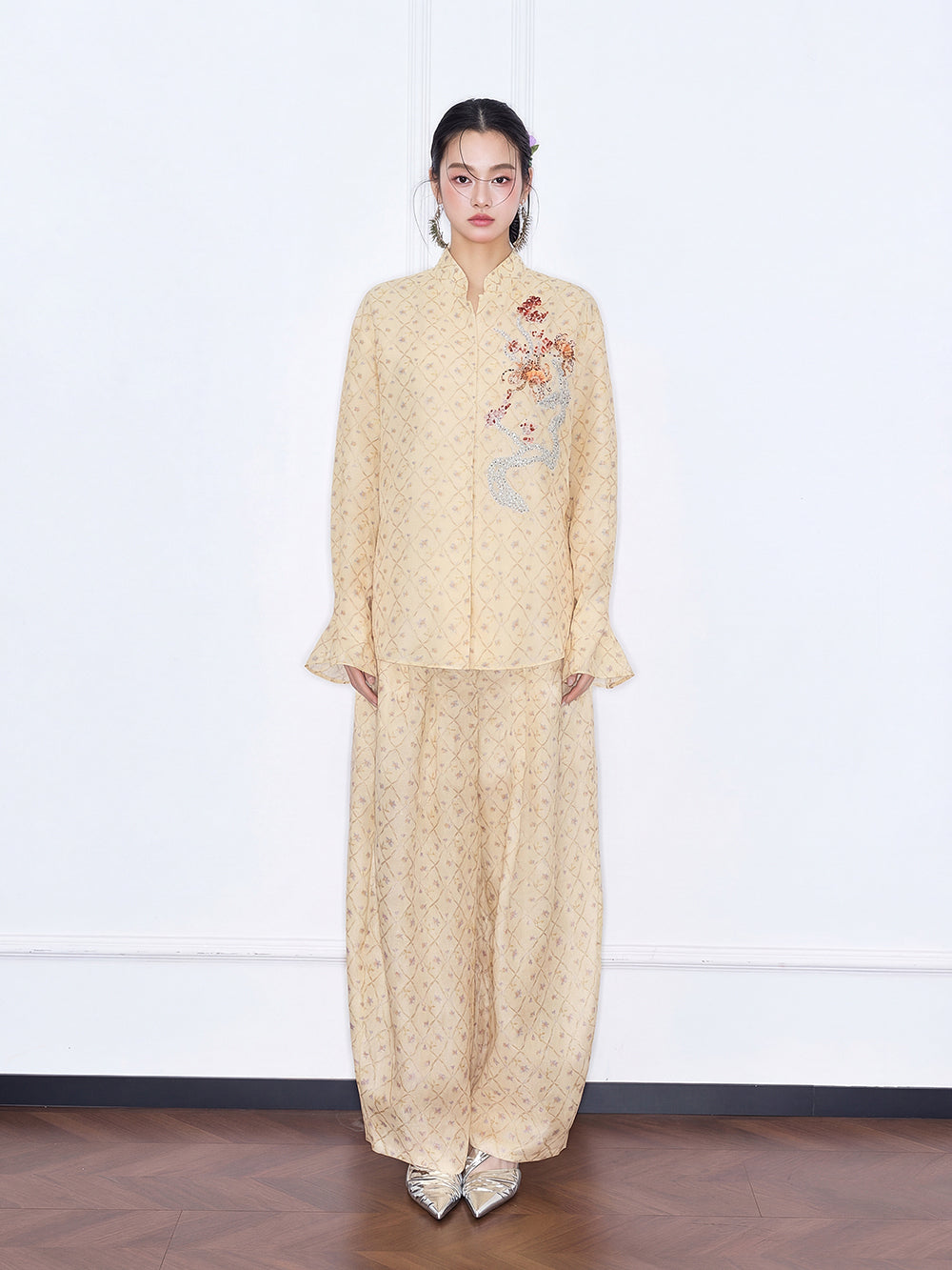 MUKZIN "Capsule Collection" New Chinese Style Yellow Embroidered Mulberry Silk Matching Set Shirt