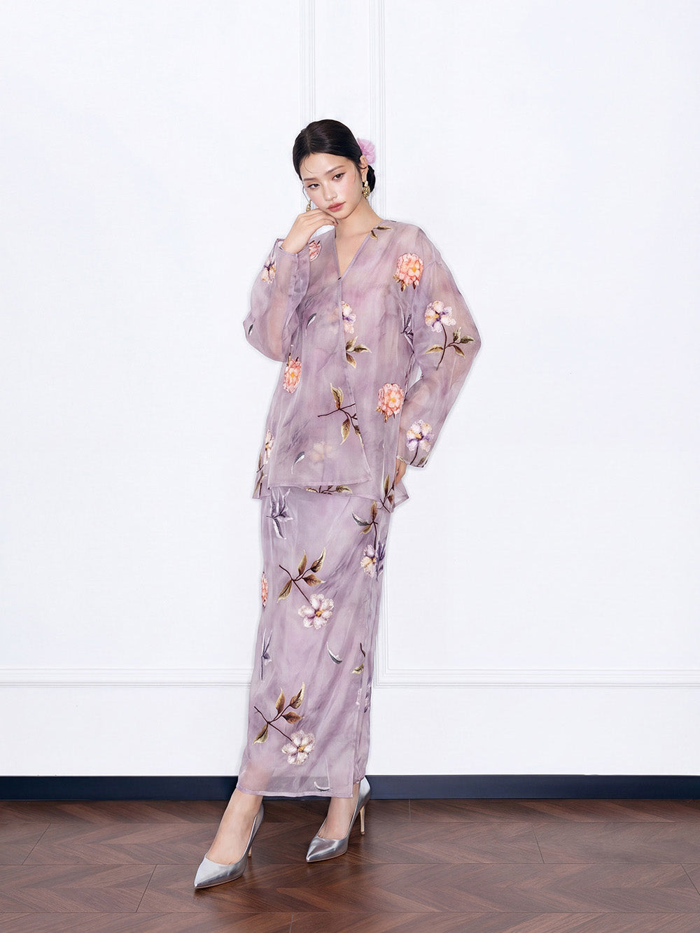 MUKZIN×"Capsule Collection" New Chinese Style Embroidered Loose Purple V-Neck Set Midi Skirt