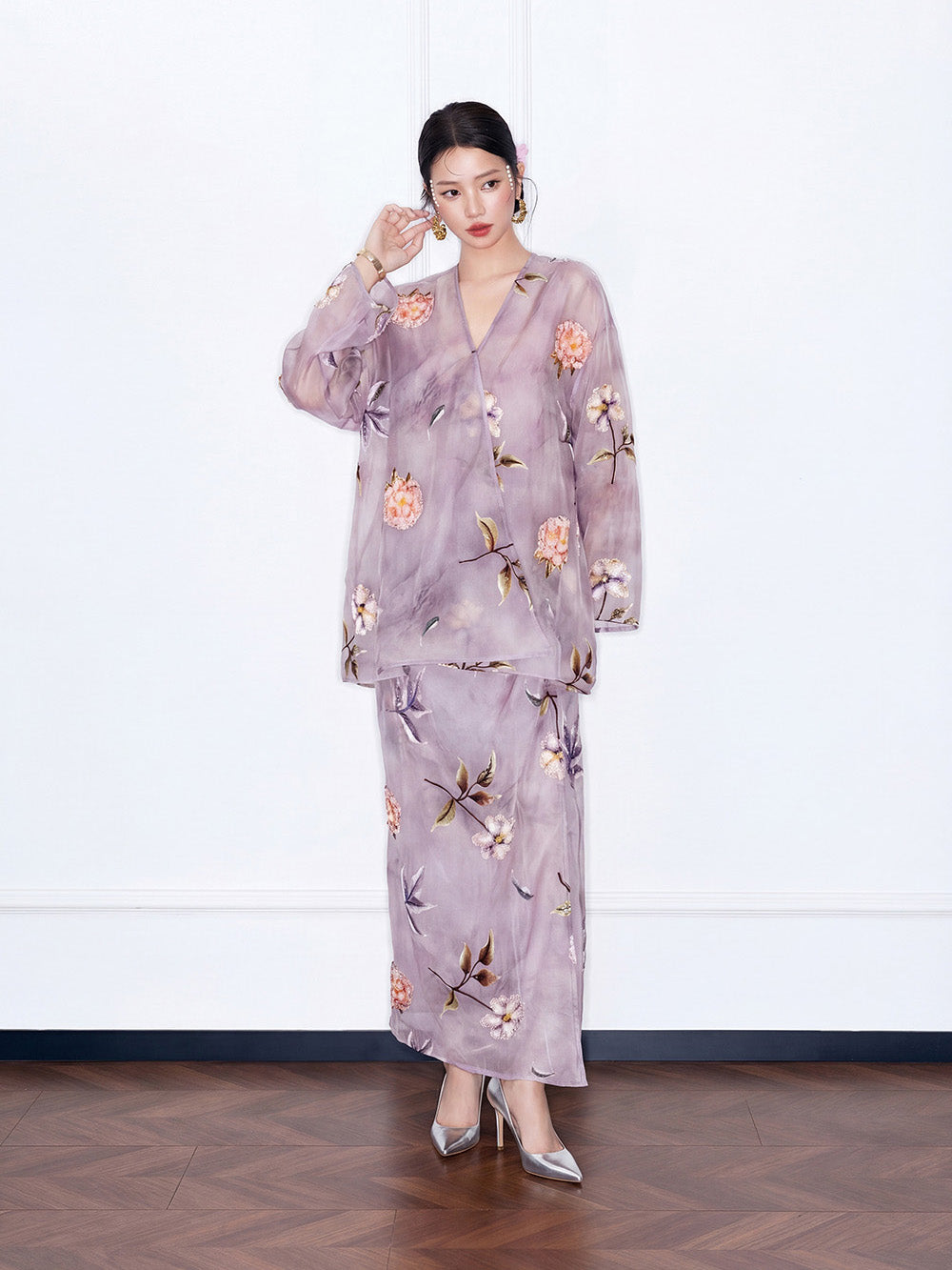 MUKZIN×"Capsule Collection" New Chinese Style Embroidered Loose Purple V-Neck Set Midi Skirt