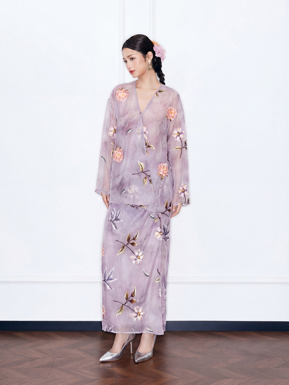 MUKZIN×"Capsule Collection" New Chinese Style Embroidered Loose Purple V-Neck Set Midi Skirt