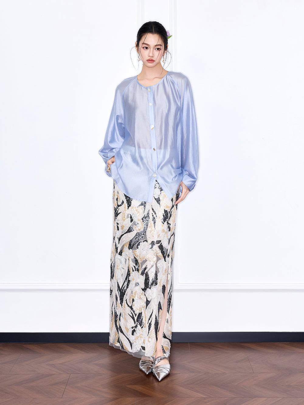 Capsule Collection “Fangfei” Oriental-Inspired New Chinese Style Sequin Midi Skirt
