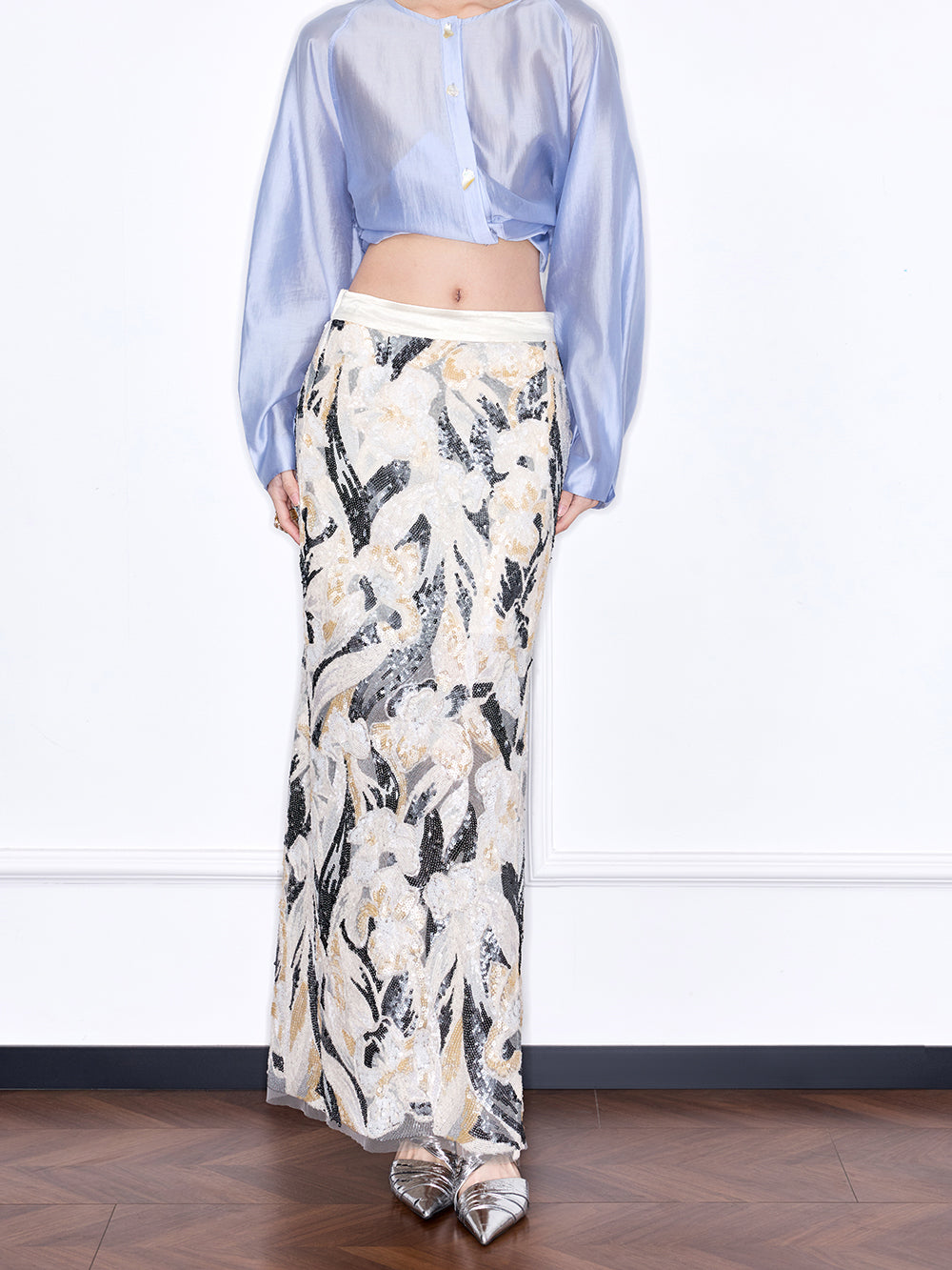 Capsule Collection “Fangfei” Oriental-Inspired New Chinese Style Sequin Midi Skirt